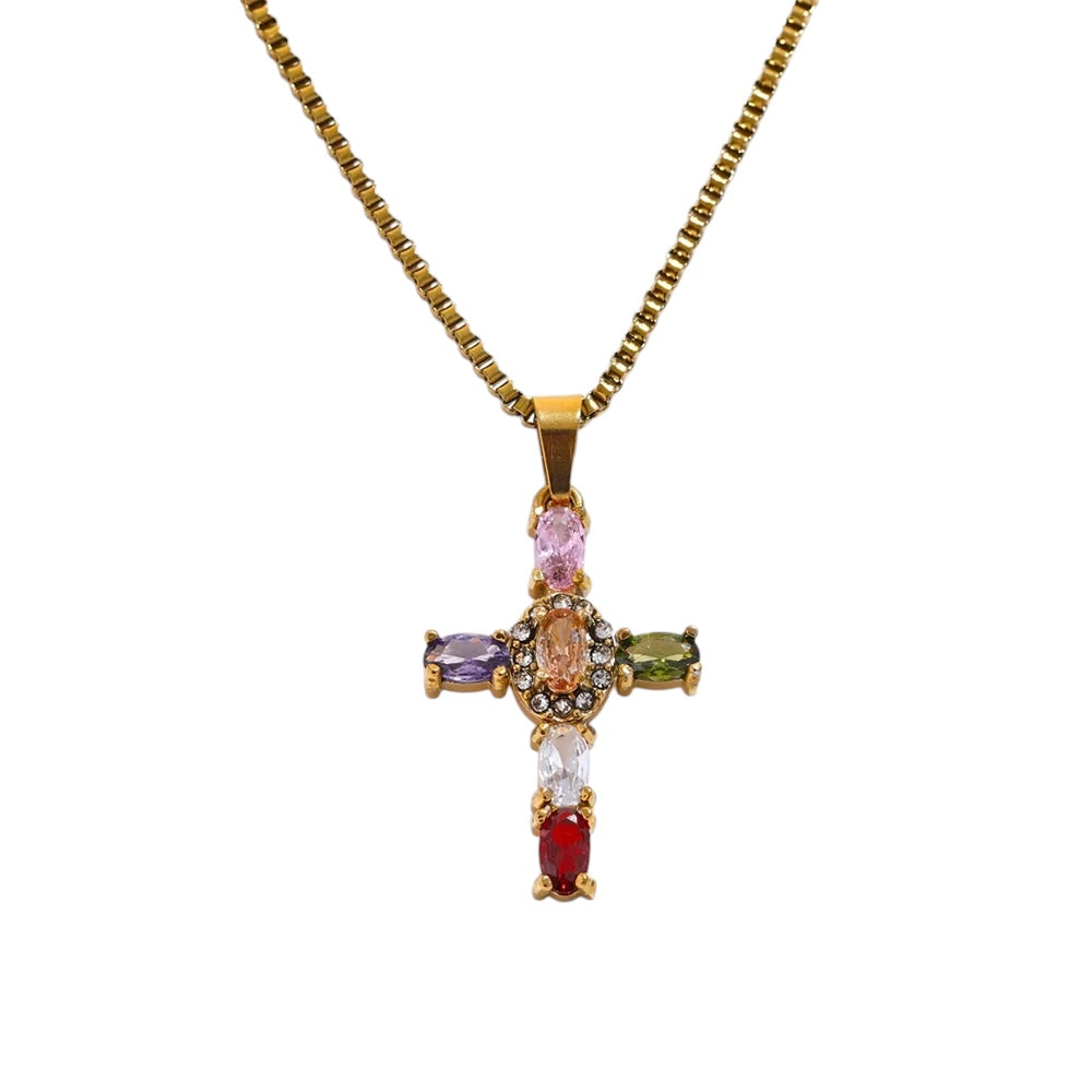 Cross Necklace in Colourful, gold plated cross with peach centre stone and rainbow crystals