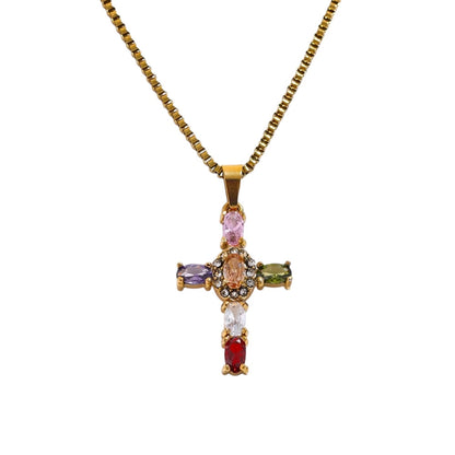 Cross Necklace in Colourful, gold plated cross with peach centre stone and rainbow crystals