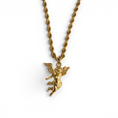 Gold cherub pendant on a rope chain necklace