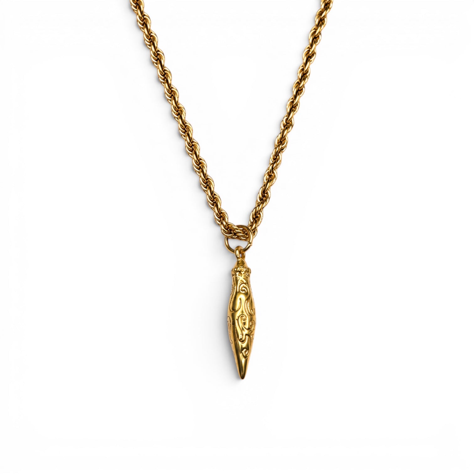 Ornate gold potion bottle pendant on a rope chain necklace