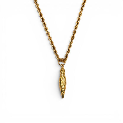 Ornate gold potion bottle pendant on a rope chain necklace